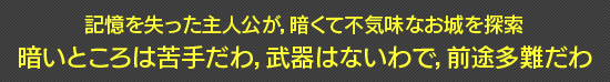 記憶を失った主人公が，暗くて不気味なお城を探索 暗いところは苦手だわ，武器はないわで，前途多難だわ