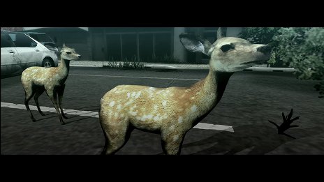 画像ギャラリー No.011のサムネイル画像 / 「TOKYO JUNGLE」，ストーリーモードのスクリーンショットを掲載。ポメラニアンにボスネコが，ニホンジカにチーターや恐竜が襲いかかる