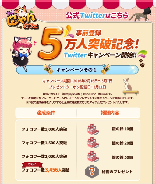 画像ギャラリー No.002のサムネイル画像 / 「マイにゃんカフェ」，事前登録者5万人突破記念でTwitterキャンペーンを開催