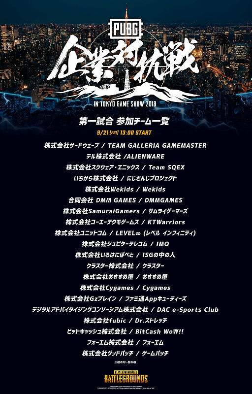 画像ギャラリー No.002のサムネイル画像 / 「PUBG」，TGS 2018のビジネスデイ2日目に開催の「第一回 PUBG企業対抗戦 in TGS」参加企業が決定