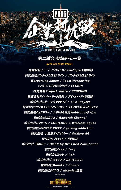 画像ギャラリー No.003のサムネイル画像 / 「PUBG」，TGS 2018のビジネスデイ2日目に開催の「第一回 PUBG企業対抗戦 in TGS」参加企業が決定
