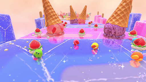 画像ギャラリー No.006のサムネイル画像 / Switch「カービィのグルメフェス」発表。最大4人のカービィ達が食べたイチゴの量を競い合う対戦アクションゲームで，2022年夏配信開始