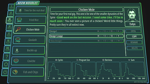 画像ギャラリー No.002のサムネイル画像 / サイバーパンク風調理効率化ゲーム「Neon Noodles」，正式リリース。シェフロボットをプログラミングし，工程が少ないスマートな調理を目指す
