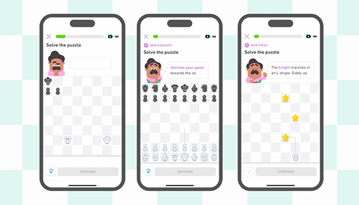 画像ギャラリー No.002のサムネイル画像 / 語学アプリ「Duolingo」，チェスコースをiOS版に実装。オスカーの手ほどきで，完全な初心者から中級レベルを目指してロジックや戦略を学べる