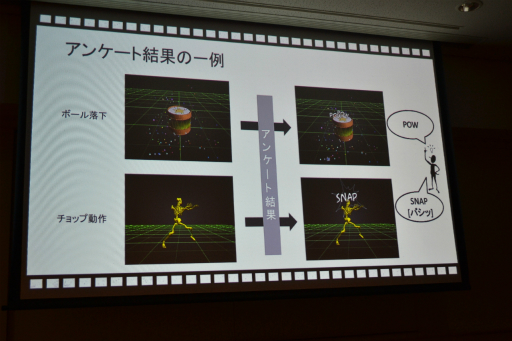 画像ギャラリー No.009のサムネイル画像 / ［CEDEC 2014］3Dモーションデータから擬音語を自動生成。音がなくても擬音語が自動的に表示される技術とは