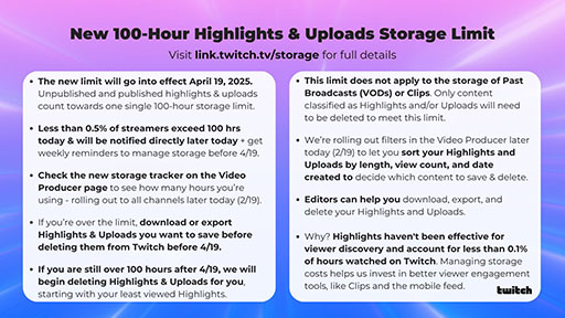 画像ギャラリー No.003のサムネイル画像 / Twitch，ダイジェストとアップロード機能を1アカウントにつき「合計100時間」とするストレージ制限を4月19日から導入