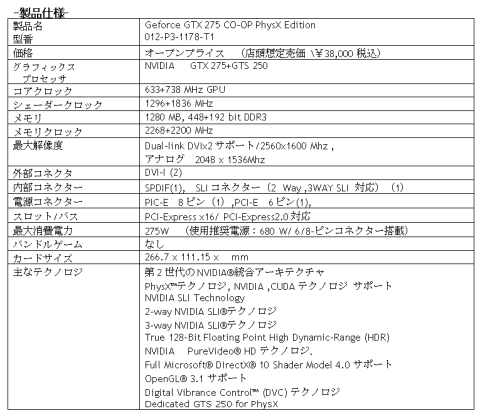 画像ギャラリー No.001のサムネイル画像 / シネックス，GTX 275とGTS 250を1枚に搭載したEVGA製カード発売