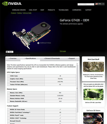 画像ギャラリー No.004のサムネイル画像 / NVIDIA，48SPのDX11世代GPU「GeForce GT 420」を製品リストに追加。OEM向け
