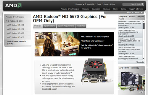 画像ギャラリー No.002のサムネイル画像 / AMD，OEM向けGPU「Radeon HD 6670・6570・6450」の製品ページを公開。「Turks」「Caicos」のスペックが明らかに