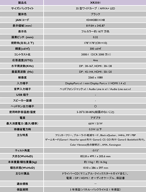 画像ギャラリー No.004のサムネイル画像 / 延期されていた35インチ湾曲液晶ディスプレイ「XR3501」の国内発売日,3月4日に決定
