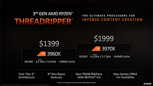 画像ギャラリー No.004のサムネイル画像 / AMD，第3世代Ryzen Threadripperの詳細を明らかに。2020年には64コア128スレッド対応の「Ryzen Threadripper 3990X」をリリース