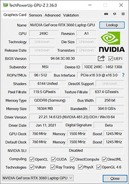画像ギャラリー No.005のサムネイル画像 / NVIDIAのノートPC向け新型GPU「GeForce RTX 3080」の実力を検証してみた。デスクトップ向けRTX 2070 SUPERを上回る性能を確認