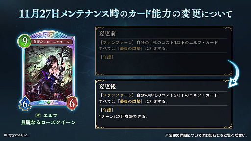 画像ギャラリー No.001のサムネイル画像 / 「シャドバWB」，11月27日に「豊麗なるローズクイーン」「虹色の弓使い・クピタン」「風の理・イーウィヤ」のカード能力変更を実施