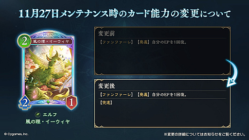 画像ギャラリー No.003のサムネイル画像 / 「シャドバWB」，11月27日に「豊麗なるローズクイーン」「虹色の弓使い・クピタン」「風の理・イーウィヤ」のカード能力変更を実施